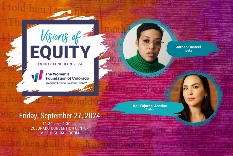 2024 Annual Luncheon banner "Visions of Equity" with headshots of artist, Jordan Casteel and author, Kali Fajardo-Astine