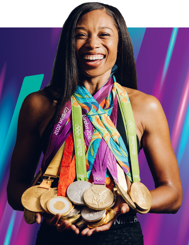 Allyson Felix holding her Olympic medals
