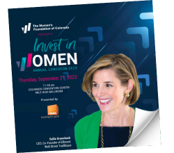 Cover of 2023 Annual Luncheon Digital Program with Sallie Krawcheck and FirstBank logo