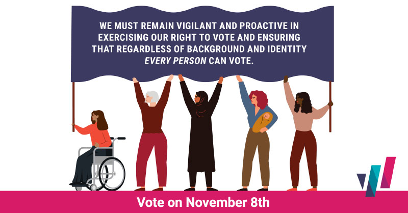 Vote on November 8 with five diverse women holding up a banner