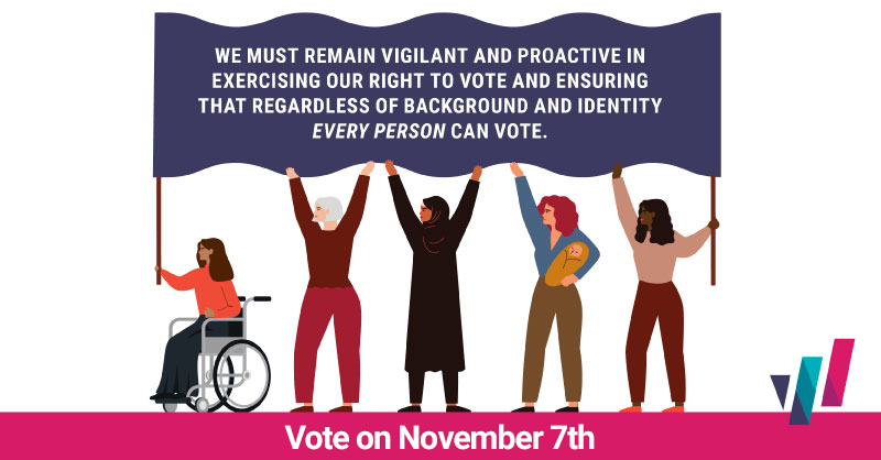 Vote on November 7 with five diverse women holding up a banner