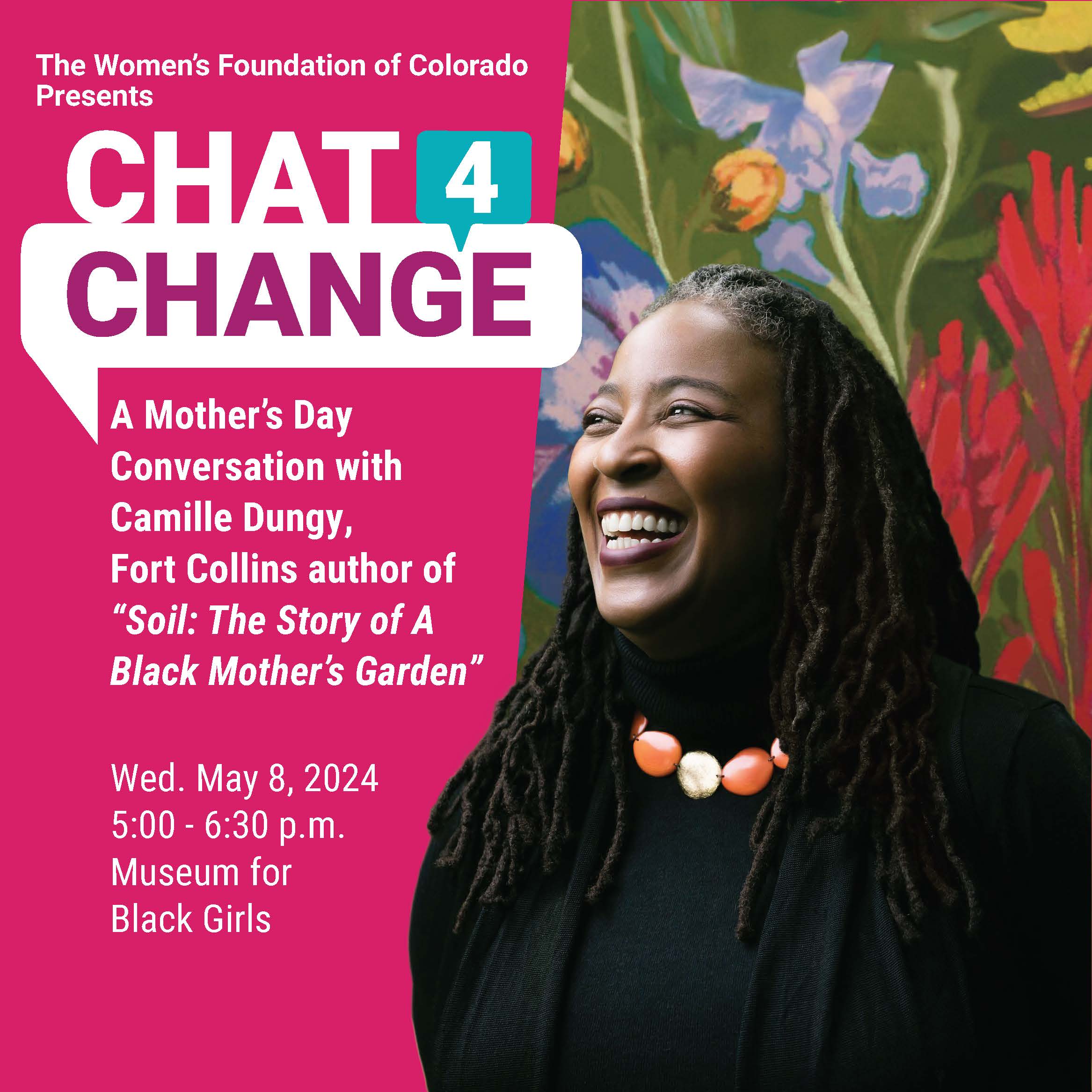 Chat4Change logo with headshot photo of Camille Dungy