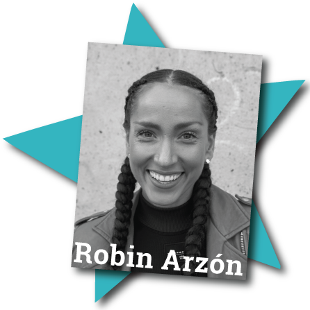 Robin Arzon headshot over blue star